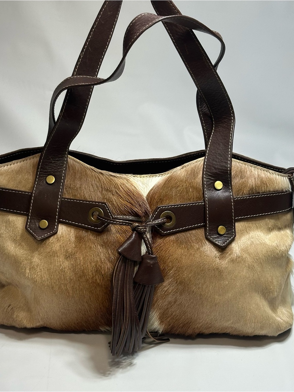 Diane Gail African Springbok Fur Brown Tote Bag with Leather Trim Double Handle
